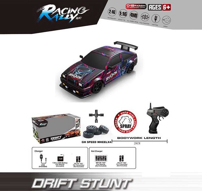 Машина на радіокеруванні SC 16 A 15 (12) масштаб 1:16, акумулятор 3.7V, пульт керування 2.4 GHz, дрифтує, 4WD, змінні колеса, підсвічування, парогенератор, в коробці