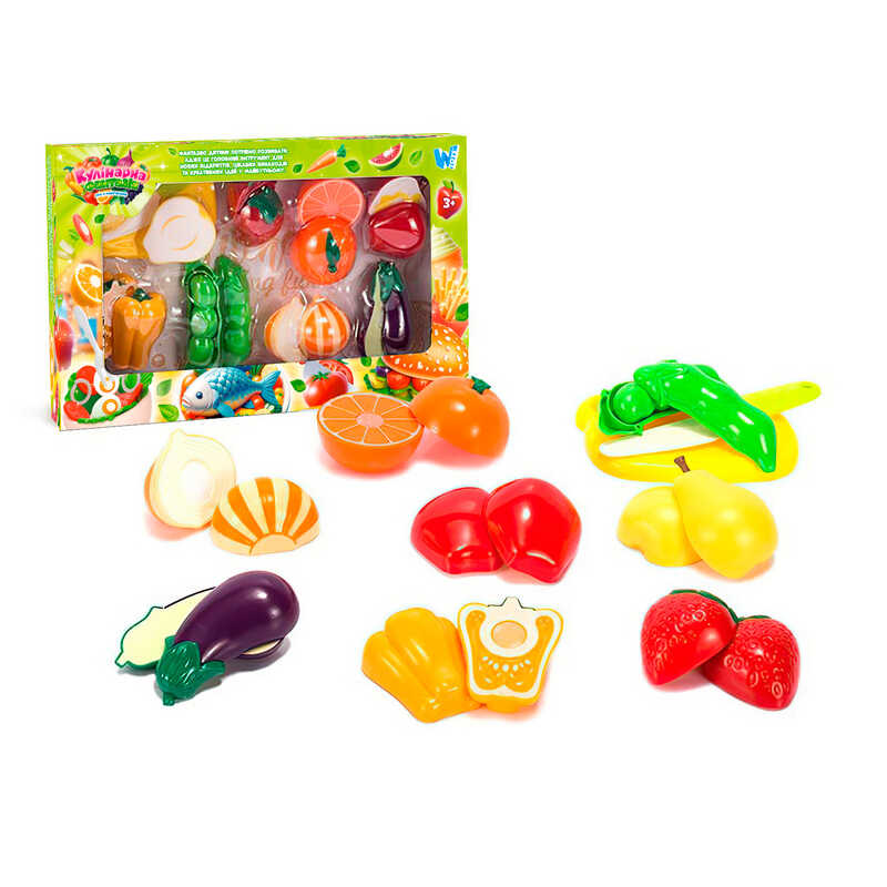 Набір продуктів “Кулінарна фантазія” 77450 (64/2) "WToys", 18 елементів, овочі та фрукти на липучках, дошка для нарізання, ніж, в коробці