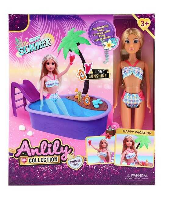 Лялька 616111 (24) висота: 29.5 см, знімний одяг та взуття, басейн: 25.5х18.5х6.5  см, гірка, пальма, аксесуари, в коробці