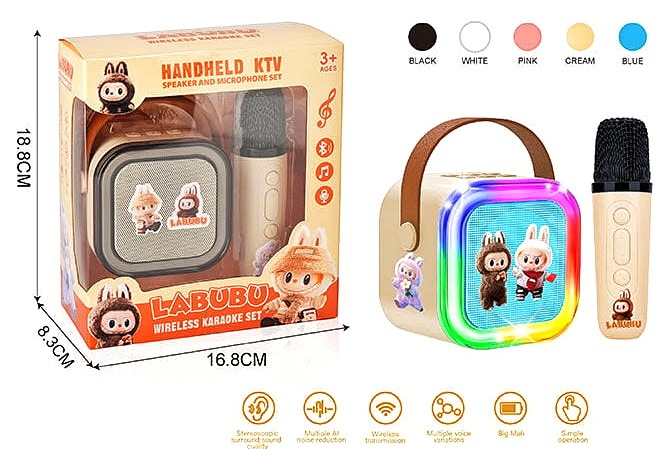 Портативна Bluetooth колонка K 12 A «Лабубу» , 1 мікрофон, вбудований акумулятор, слот для TF-Card, роз’єм type-С, AUX, мінус на колонці, зміна голосу, регулювання гучності та підсвічування, в коробці, МІКС ВИДІВ