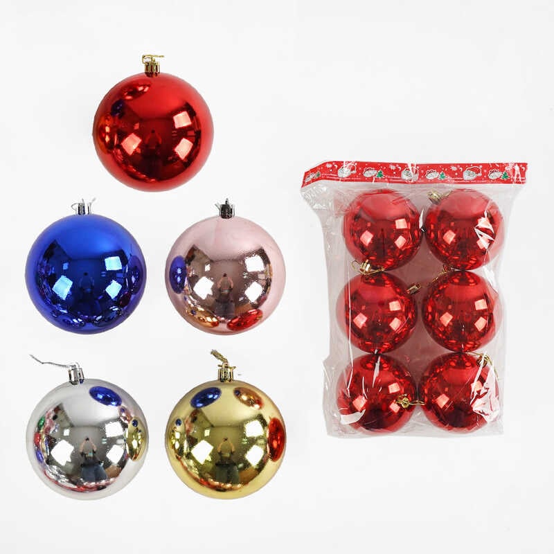 Новорічні прикраси C 67735 (24) 5 видів, кульки, 6 штук, D=11 см, у пакеті, ВИДАЄТЬСЯ МІКС ВИДІВ