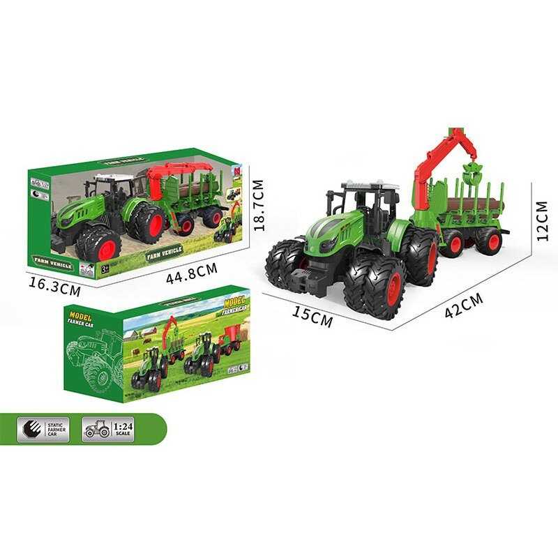 Трактор 99-83 A (24) масштаб: 1:24, причеп, маніпулятор, вантаж,  гумові колеса, рухомі елементи, в коробці