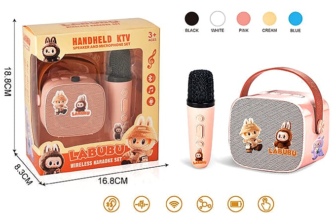Портативна Bluetooth колонка K 1 A «Лабубу» , 1 мікрофон, вбудований акумулятор,  слот для TF-Card, роз’єм type-С, AUX, зміна голосу, регулювання гучності, в коробці, МІКС ВИДІВ