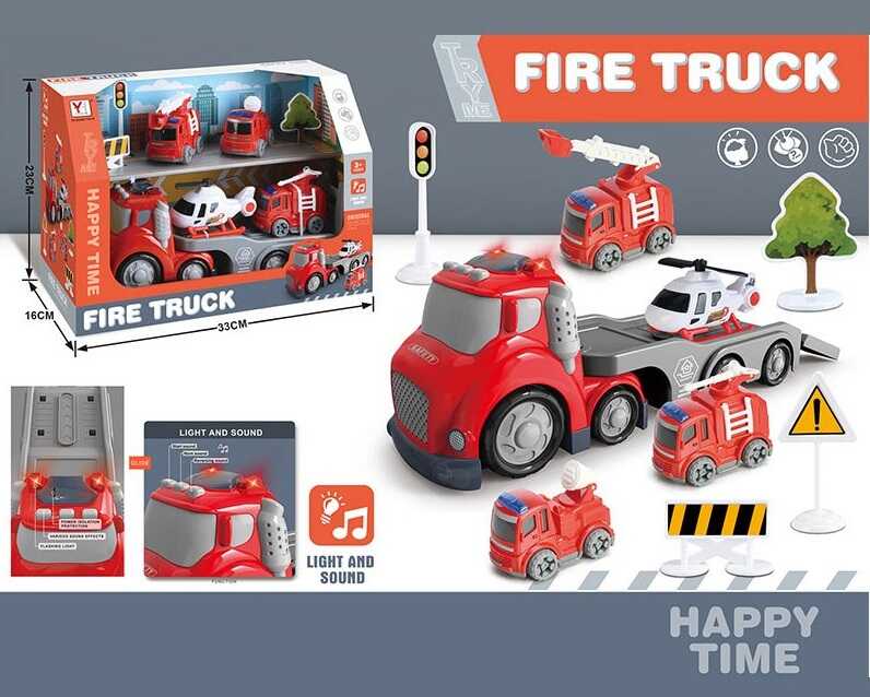 Трейлер 98-330 A (24/2) 3 машинки, інерція,  гелікоптер, муляжі оточення, звуки, підсвічування, в коробці