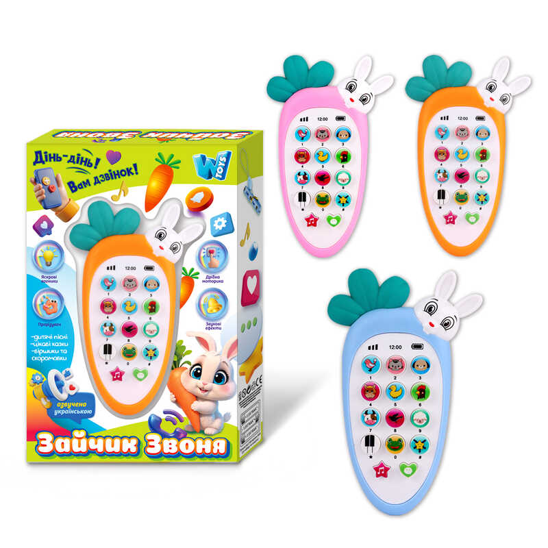 Телефон "Зайчик Звоня" 80650 (96) "WToys", 3 кольори, ОЗВУЧУВАННЯ УКРАЇНСЬКОЮ МОВОЮ, в коробці, ВИДАЄТЬСЯ ТІЛЬКИ МІКС ВИДІВ