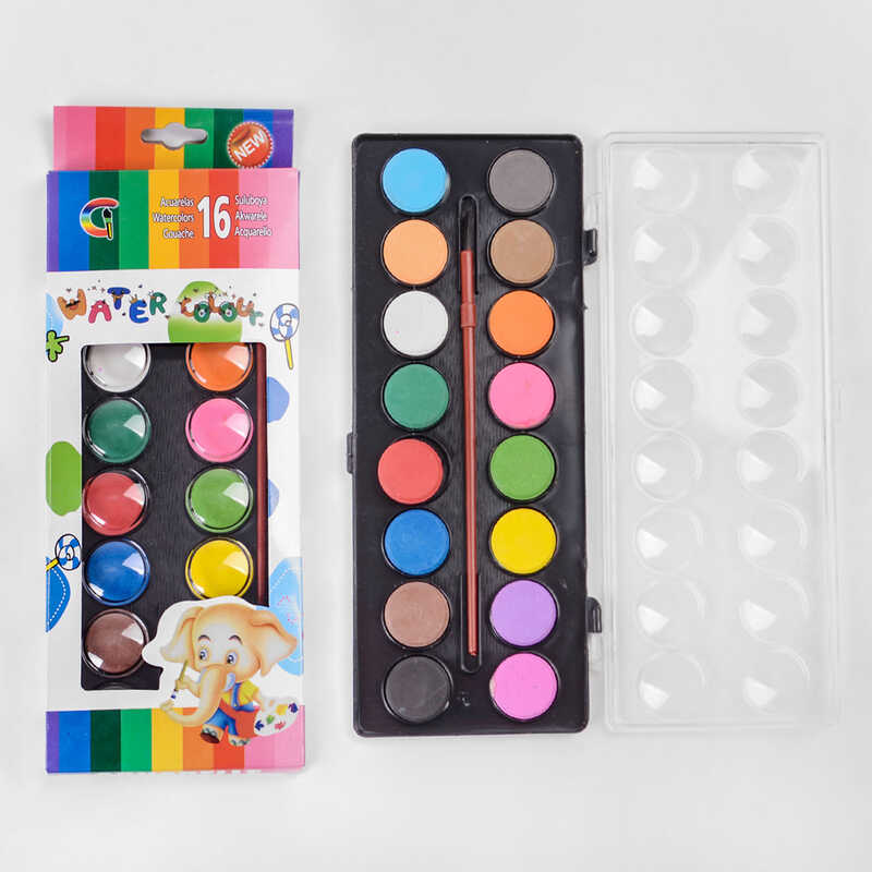 Фарби акварельні для малювання С 37142 (144) палітра 16 кольорів, пензлик в наборі
