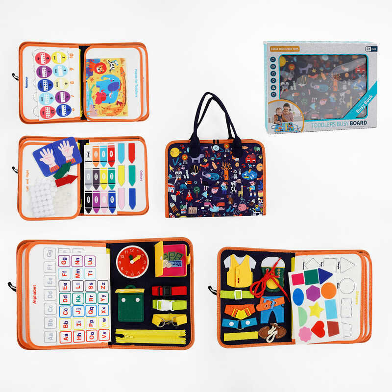 Логічна папка 432-3 A (40) фетр, цифри, англійський алфавіт, геометричні фігури, пазли, застібки, ремінці, липучки, пряжки, в коробці