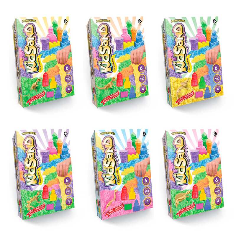 гр Кінетичний пісок "KidSand" 600г KS-04-04U,05U,06U..09U (6) "Danko Toys", 6 кольорів, 4 формочки, іграшка сюрприз, в коробці ВИДАЄТЬСЯ МІКС ВИДІВ