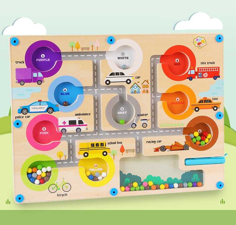 Дерев'яна магнітна гра C 75597 (24) лабіринт та сортер для кульок, кольори і назви транспорту англійською, магнітний стилус
