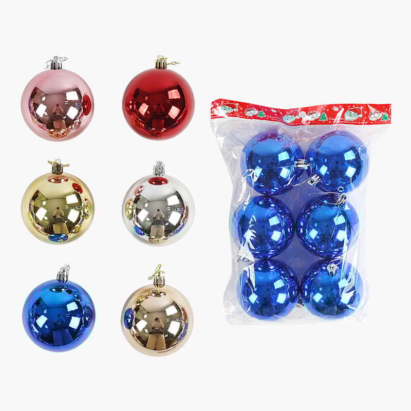 Новорічні прикраси C 67734 (72) 6 видів, кульки, 6 штук, D=8 см, у пакеті, ВИДАЄТЬСЯ МІКС ВИДІВ