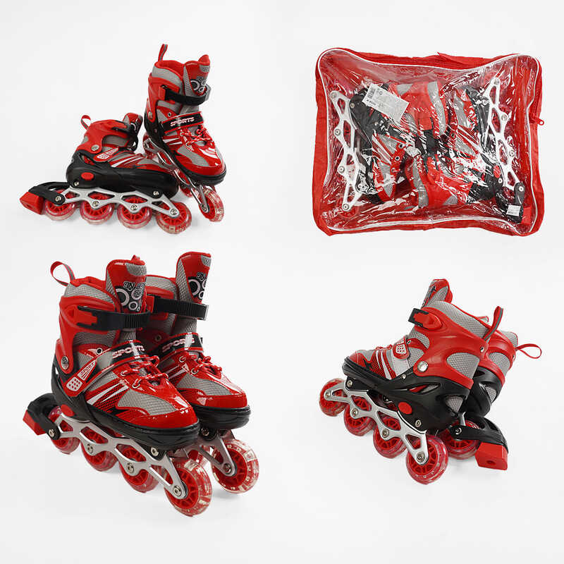 Ролики 73426-S /розмір 29-33/ колір – ЧЕРВОНИЙ (6) колеса PVC, устілка 17-20 см, ПЕРЕДНЄ КОЛЕСО СВІТЛО, d – 6.5 см, в сумці