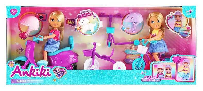 Набір ляльок 606119 (24) 2 ляльки, висота: 13 см, фігурка улюбленця, 2 велосипеди, самокат, скутер, в коробці