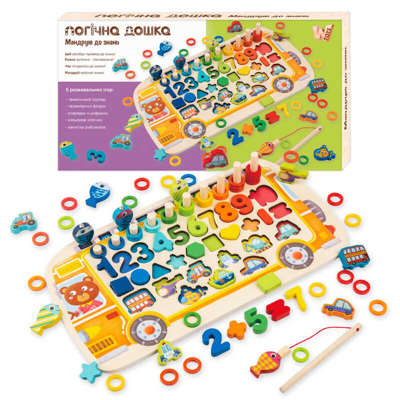 Дошка логічна 38512 (22) "WToys", "Автобус", дерев'яна, сортер, магнітна риболовля, цифри, арифметичні знаки, геометричні фігури, транспорт, кілочки, кільця, в коробці