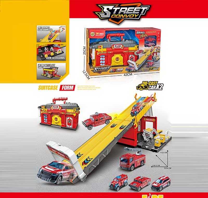 Трек MH 192 (18) запускач, 2 металопластикові машинки, наліпки, в коробці