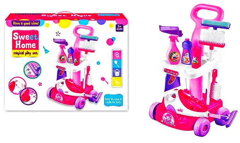 Набір для прибирання A 5928 . пилосос на батарейках, підсвічування, імітація справжнього інструменту, візочок, відро, швабра, аксесуари, в коробці