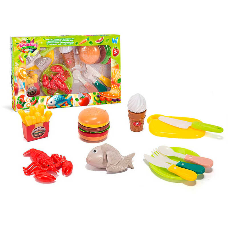 Набір продуктів “Кулінарна фантазія” 77930 (64/2) "WToys", 18 елементів, на липучках, дошка для нарізання, ніж, посуд, в коробці