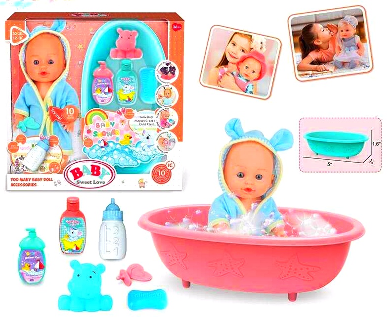 Пупс 6933 , 2 види , висота 26 см, звукові ефекти, сміється та плаче, п’є, ходить на горщик, ванна довжиною 32 см, пустушка, мило, пляшечка, гумова іграшка для ванни, в коробці