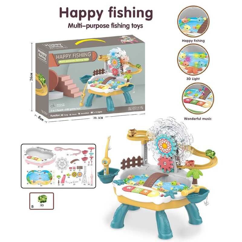 Риболовля  668-53 (24) трек, 3 потяги, рибки, вбудований акум. 5V, музика, 2 вудки, звуки, пісні англ. мовою, підсвічування, на батарейках, автоматичне обертання шестерень та рибок, в коробці