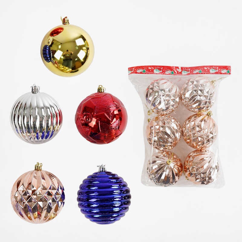 Новорічні прикраси C 67744 (24) 5 видів, кульки, 6 штук, D=11 см, ВИДАЄТЬСЯ МІКС ВИДІВ