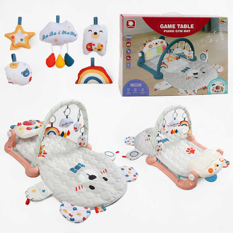 Килимок HX 9158 A Штрих = 50989 (6) РОЖЕВИЙ, розмір - 99х61 см, висота дуги - 45 см, 5 підвісок — брязкалець, піаніно — бізіборд, підсвічування, звуки, шестерні, кільця, геометричні фігурки, в коробці