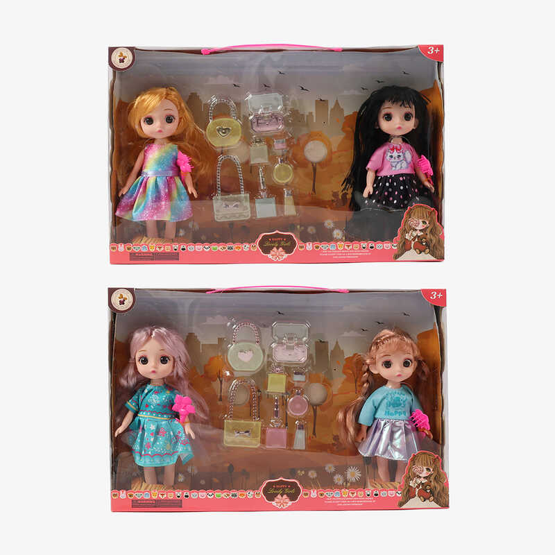 Набір ляльок A 02 F (72/2) 2 види, 2 ляльки, висота 20 см, рухливі кінцівки та голова, знімний одяг та взуття, щітка для волосся, сумочки, парфуми, крем, в коробці