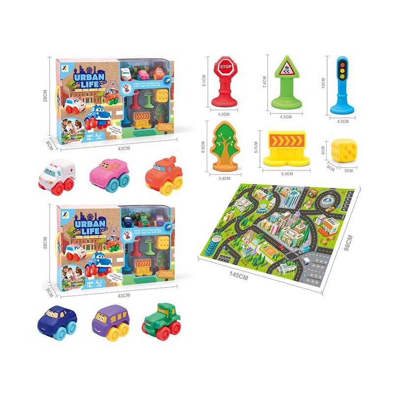 Набір машин JZD - 117 (12) 2 види, спецтехніка, ігровий килимок 145х98 см, 3 машинки, декорації, в коробці