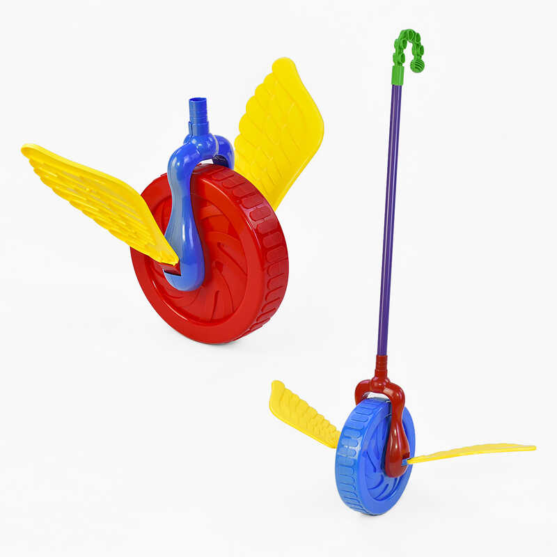 Каталка 0355 (96/2) "Колесо" з тріскачкою, махає крилами, 2 кольори, на паличці, у пакеті