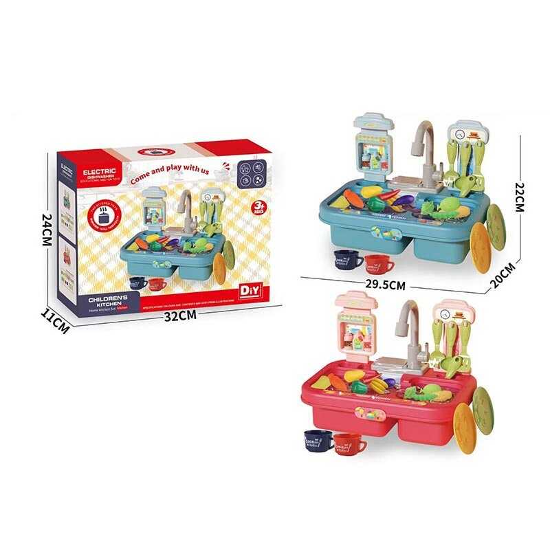 Набір посуду 33029 A (36/2) 2 кольори, кран на батарейках, набір овочів та фруктів, посуд, коробці