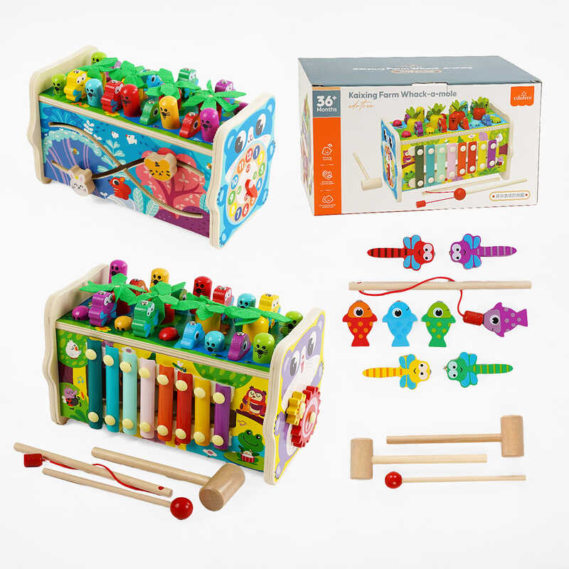 Ігровий центр C 68266 (24) дерев’яний, стукалка, магнітна риболовля, ксилофон, гра “Грядка”, рухомі шестерні, циферблат, пальчиковий лабіринт, в коробці