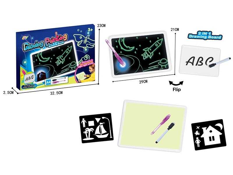 Дошка для малювання YM 993 (72/2) "Малюй світлом", двостороння дошка, маркер “пиши-витирай”, ручка-ліхтарик, в коробці