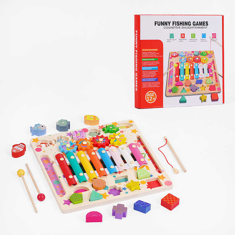 Логічна дерев’яна дошка C 65046 (24) ксилофон, пальчикові ігри, магнітна риболовля, сортер, в коробці