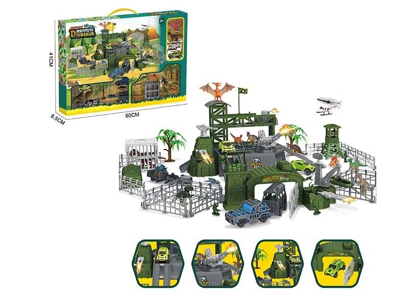 Парковка SY 9938 (12) військова база, солдатики, спецтранспорт, гумові динозаври, клітки, наліпки, в коробці