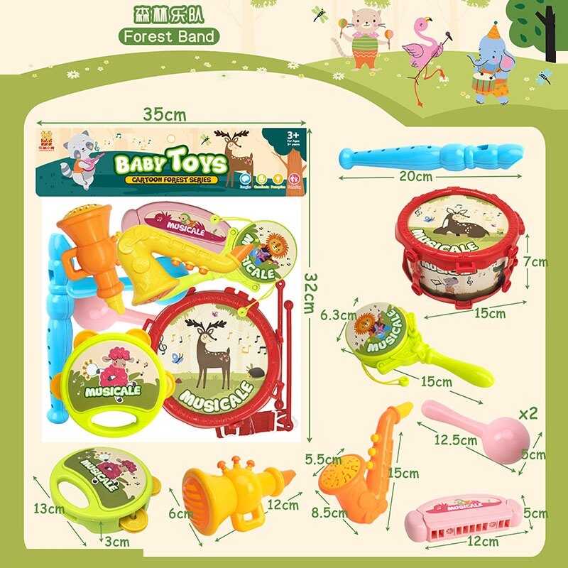 Музичні інструменти 667-3 (80/2)  барабан, барабанні палички, гармоніка, бубон, саксофон, флейта, труба, гармоніка, маракаси, барабан - колотушка, в пакеті