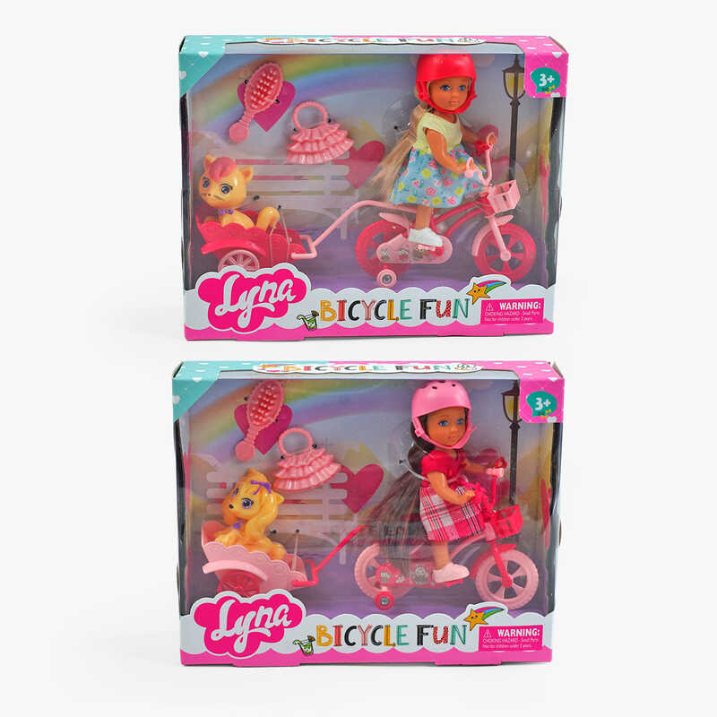 Лялька 4606 (72/2) 2 види, 12 см, знімне взуття, шолом, велосипед, улюбленець, гребінець, аксесуар, в коробці