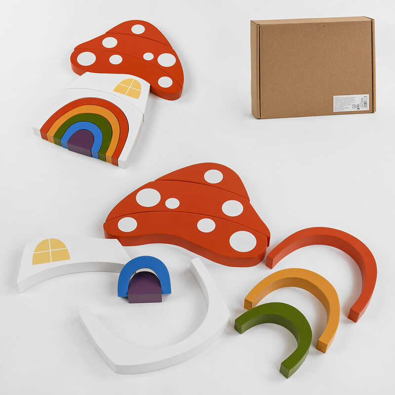 Логічна гра C 47866 (24) дерев'яна, пірамідка "Грибочок", 10 дугових вкладишів, в коробці