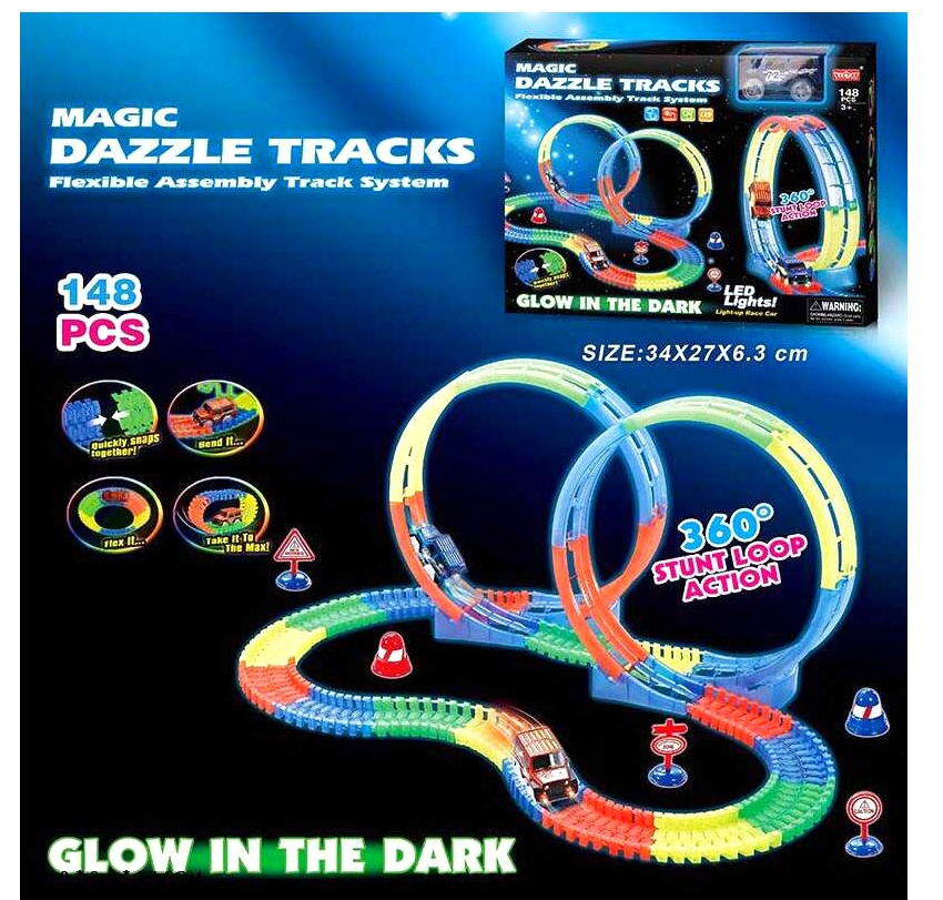 Трек 123 , 148 деталей, машинка на батарейках, підсвічування, неоновий трек, в коробці