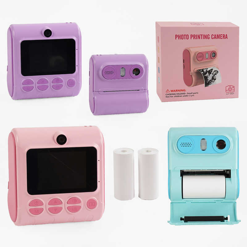 Фотоапарат-принтер LK 001 (40) УКРАЇНСЬКЕ МЕНЮ, фронтальна камера, спалах, роз’єм type c, SD карта, 3 рулони термопаперу, в коробці, МІКС ВИДІВ