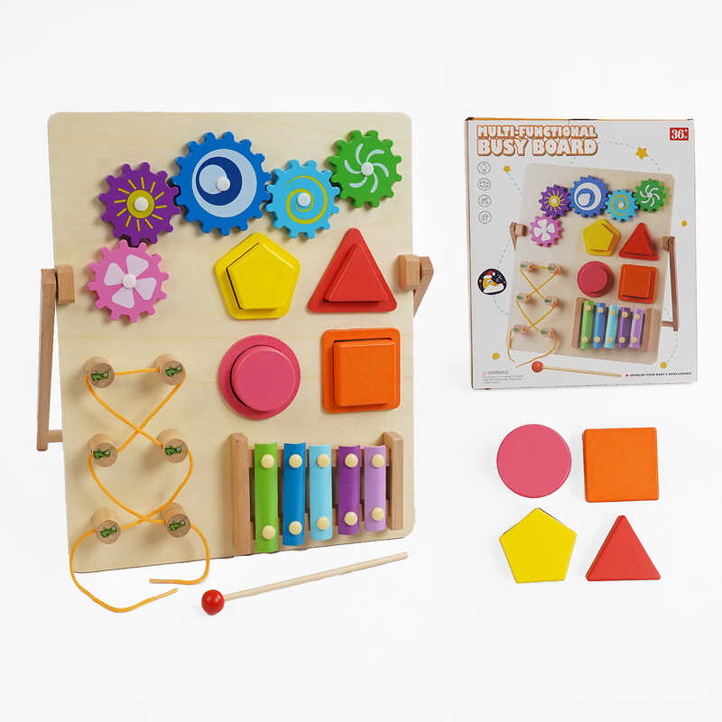 Бізіборд дерев'яний C 68837 (24) ксилофон, сортер, шнурівка, шестерінки, в коробці