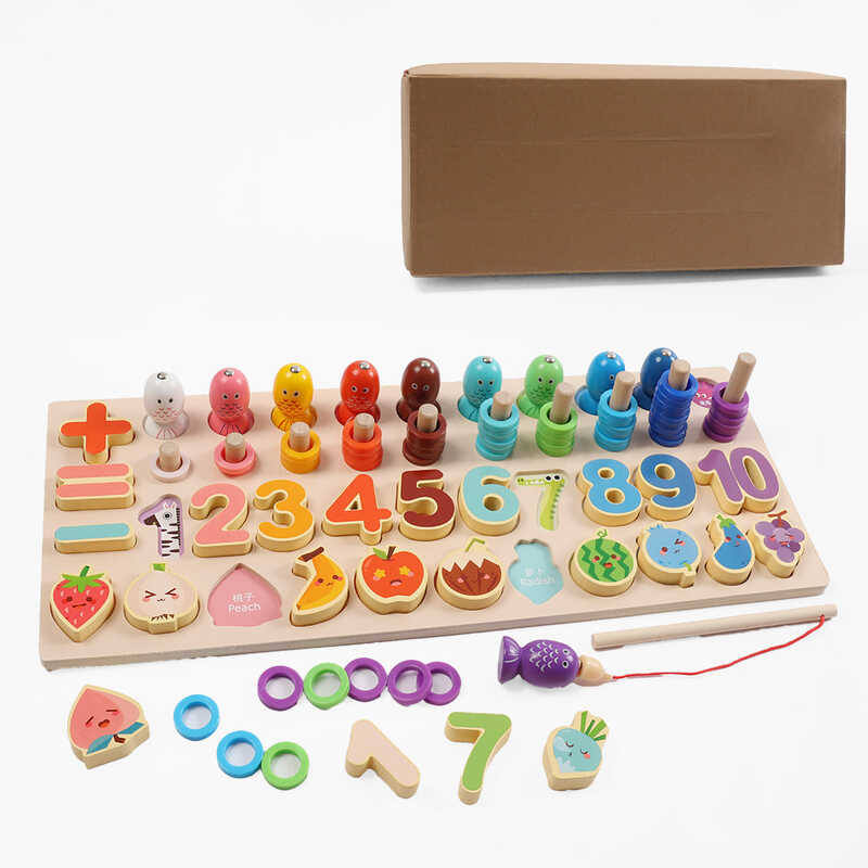 Логічна дерев’яна дошка С 74472 (18) гра з кілочками, назви англ. мовою, магнітна риболовля, вкладиші, цифри, овочі, фрукти, кольорові кільця, сортер, в коробці