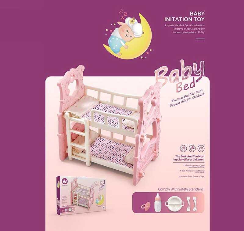 Ліжко для ляльки W 6908 B (12) двоповерхове, 50х38х55, посуд, пустушка, в коробці
