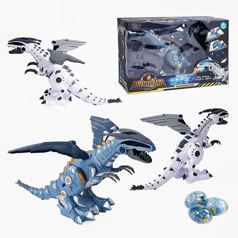 Динозавр на батарейках 809 (12) 2 види, 3 яйця, звуки, підсвічування, знімні крила, ходить, генерує пару, несе яйця, в коробці