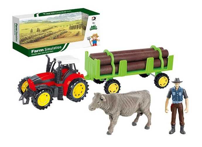 Трактор 1228-23 (36/2) флоксова тваринка, причіп, фігурка людини, рухомі руки, інерція, в коробці