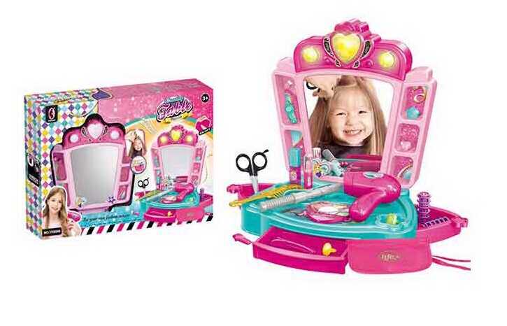 Трюмо YK 6646 (12) на батарейках, звук, підсвітка, фен, бігуді, гребінець, ножиці, в коробці