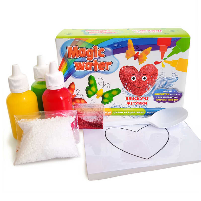 гр Набір для творчості "Magic water. Блискучі фігурки" MV6031-05 (10) "Ludum", 3 кольорові гелі, ложка, пакетик сухої речовини, в коробці