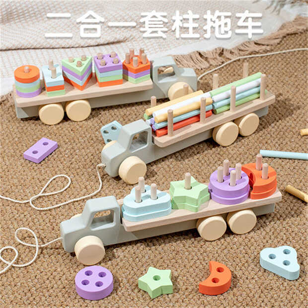 Каталка C 74856 (32) “Вантажівка”, різнокольорові елементи, колеса, геометричний сортер, дерев’яний, мотузочка, в коробці