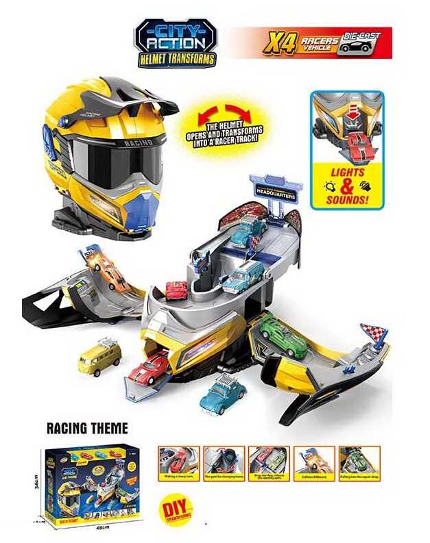 Трек SK 637 SA (12) звуки, підсвічування, рухливі елементи, складається у шолом, 4 металопластикові машинки, в коробці