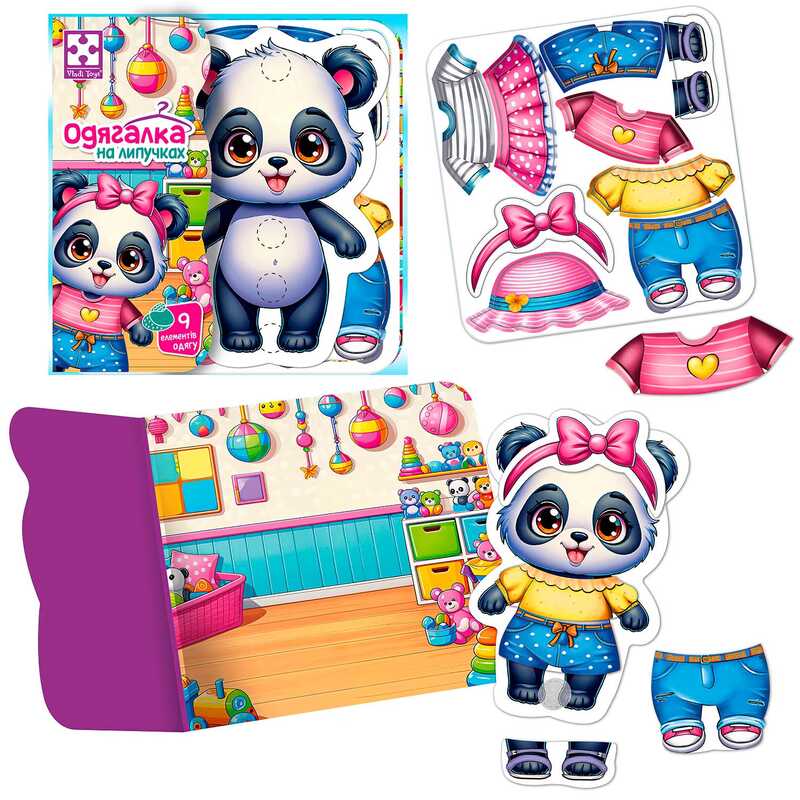 гр Гра розвиваюча з липучками "Пандочка" VT1320-05 (20) "Vladi Toys", фігурка, 9 предметів одягу, ігровий фон