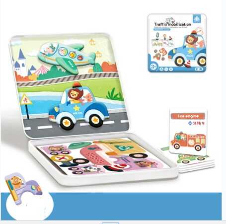 Магнітна гра С 74467 (48) “Спецтехніка та тваринки”, пазли, картки, назви транспорту, англійською, маркер “пиши-витирай”, металевий бокс в пакеті