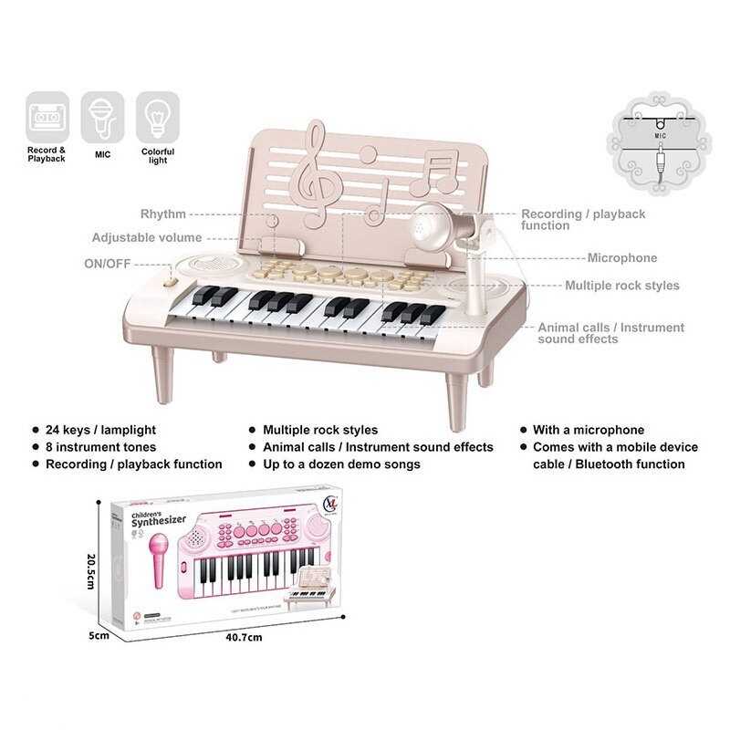 Синтезатор 6656 A (36/2) 24 клавіші, мікрофон, регулювання гучності, мелодії, барабани, запис та відтворення звуків, від батарейок, звуки тварин та музичних інструментів, регулювання темпу, в коробці