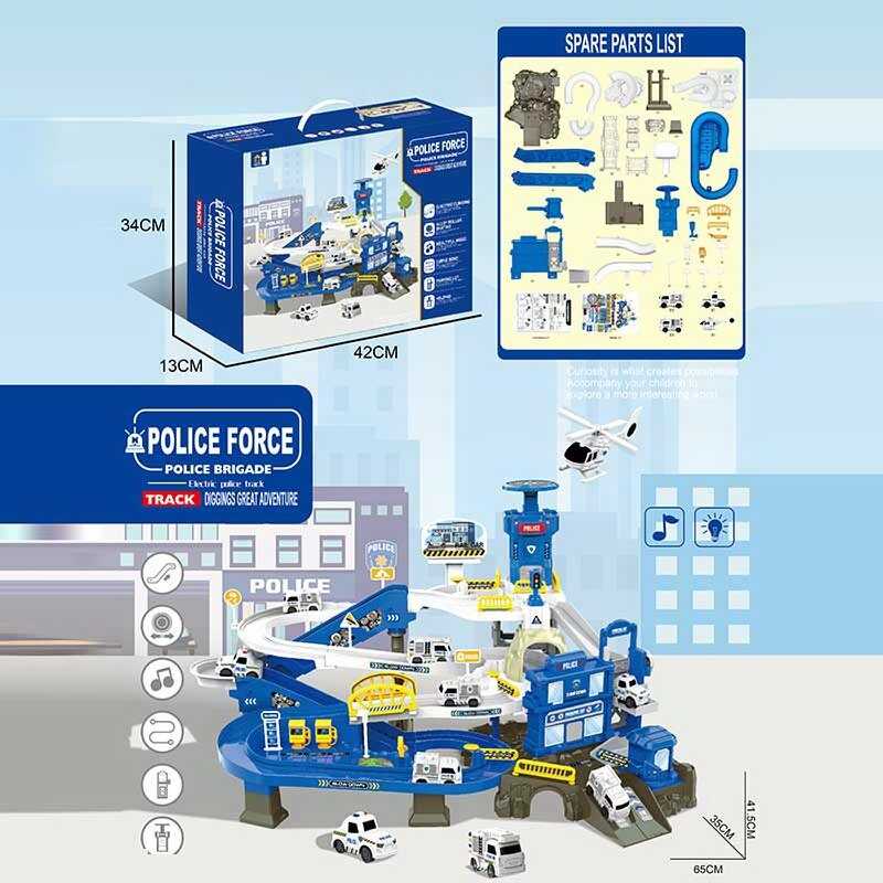 Трек ZX 005 A (12) “Поліцейська станція”, звук, підсвічування, механічний ліфт, автоматичний підйомник, 4 моделі мінітранспорту, в коробці